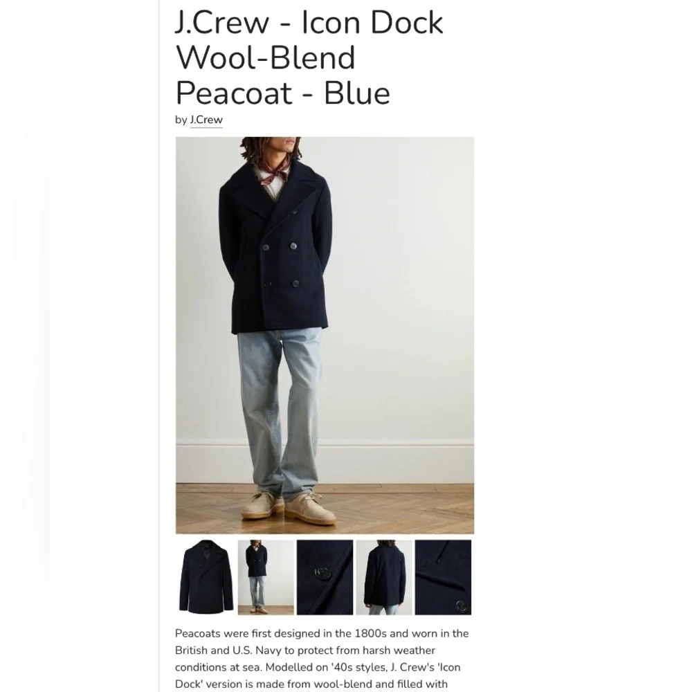 J Crew Dock Icon Wool Blend Pea Coat US Navy Blue Sailor 40s Retro Men’s Medium